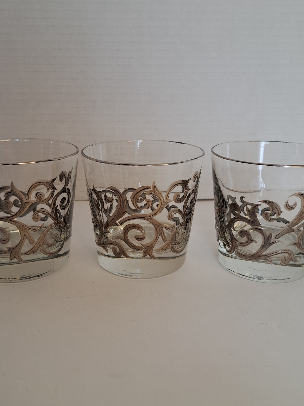 Vintage Libbey Orsini Platinum/Silver Scroll Lowball Glasses Circa 1960's-1970's